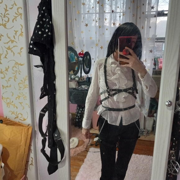 Restock! Black vegan leather dbl thigh garter harness w/chain & belt! Bondage! - Picture 3 of 16